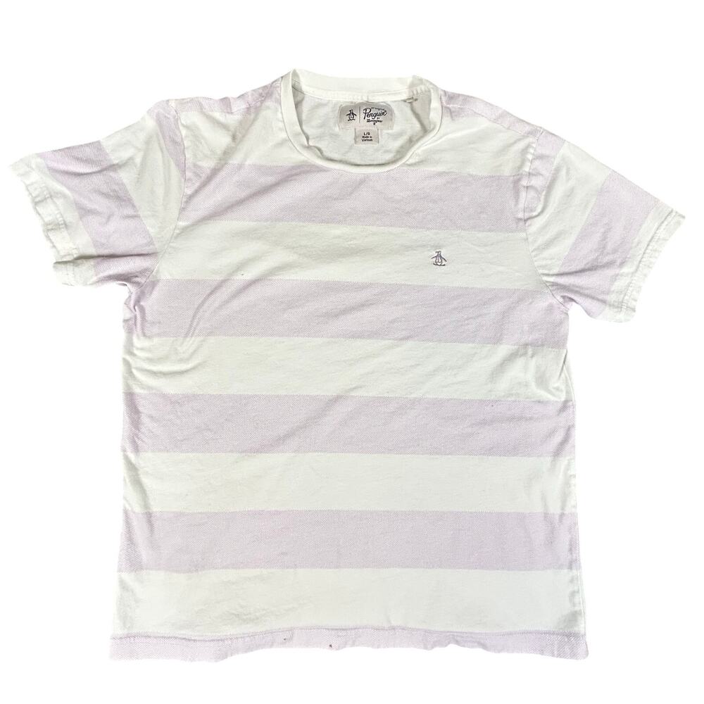 Penguin by Munsingwear Striped T Shirt Men L Purple/White 100% Cotton Chest Logo